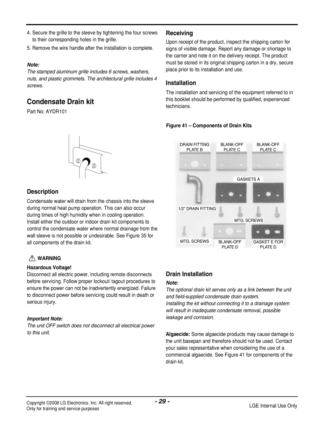 LG Electronics LP121CEM-Y8 Condensate Drain kit, Drain Installation, Receiving, Description, Components of Drain Kits 
