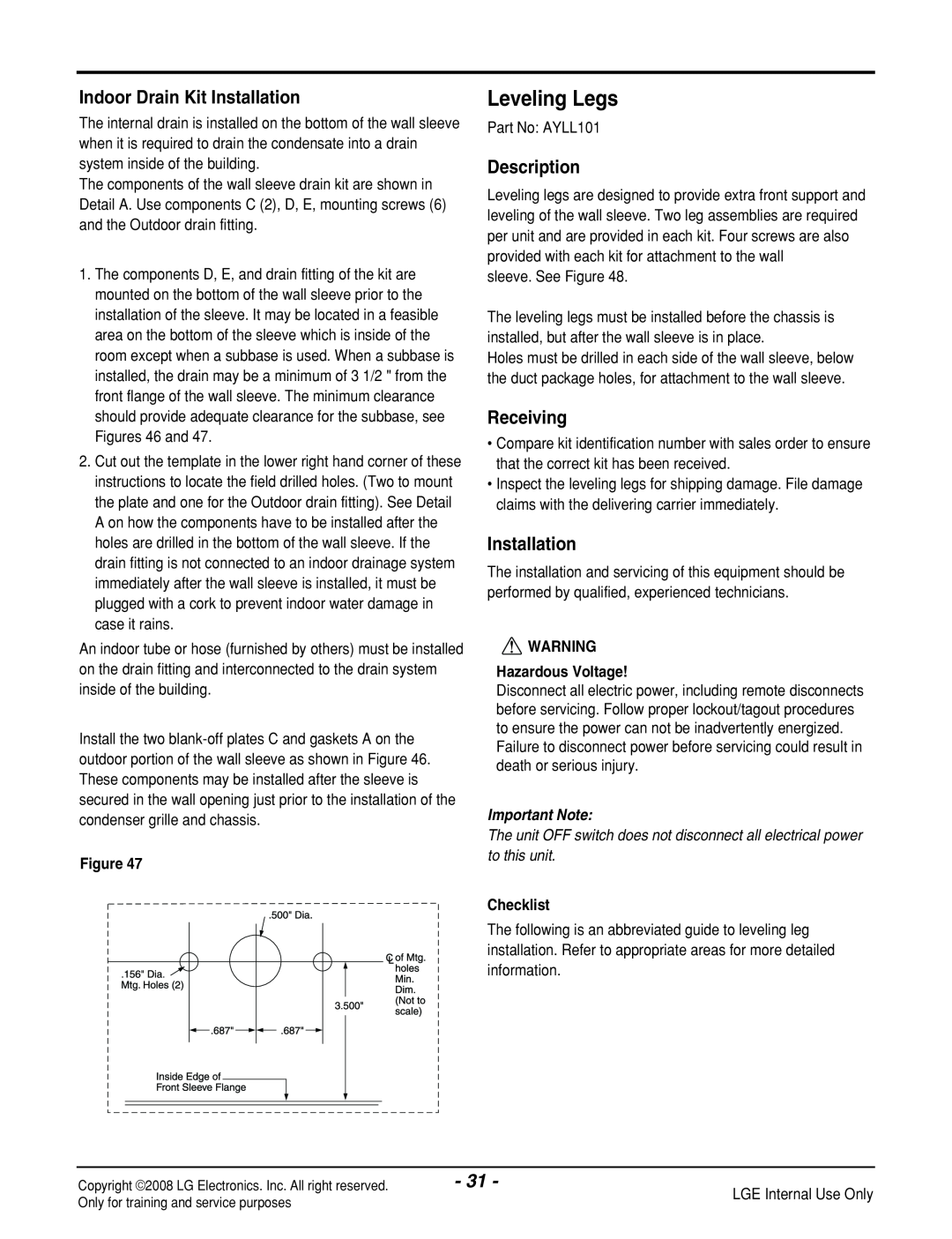LG Electronics LP121CEM-Y8 manual Leveling Legs, Indoor Drain Kit Installation, Description, Receiving, Hazardous Voltage 
