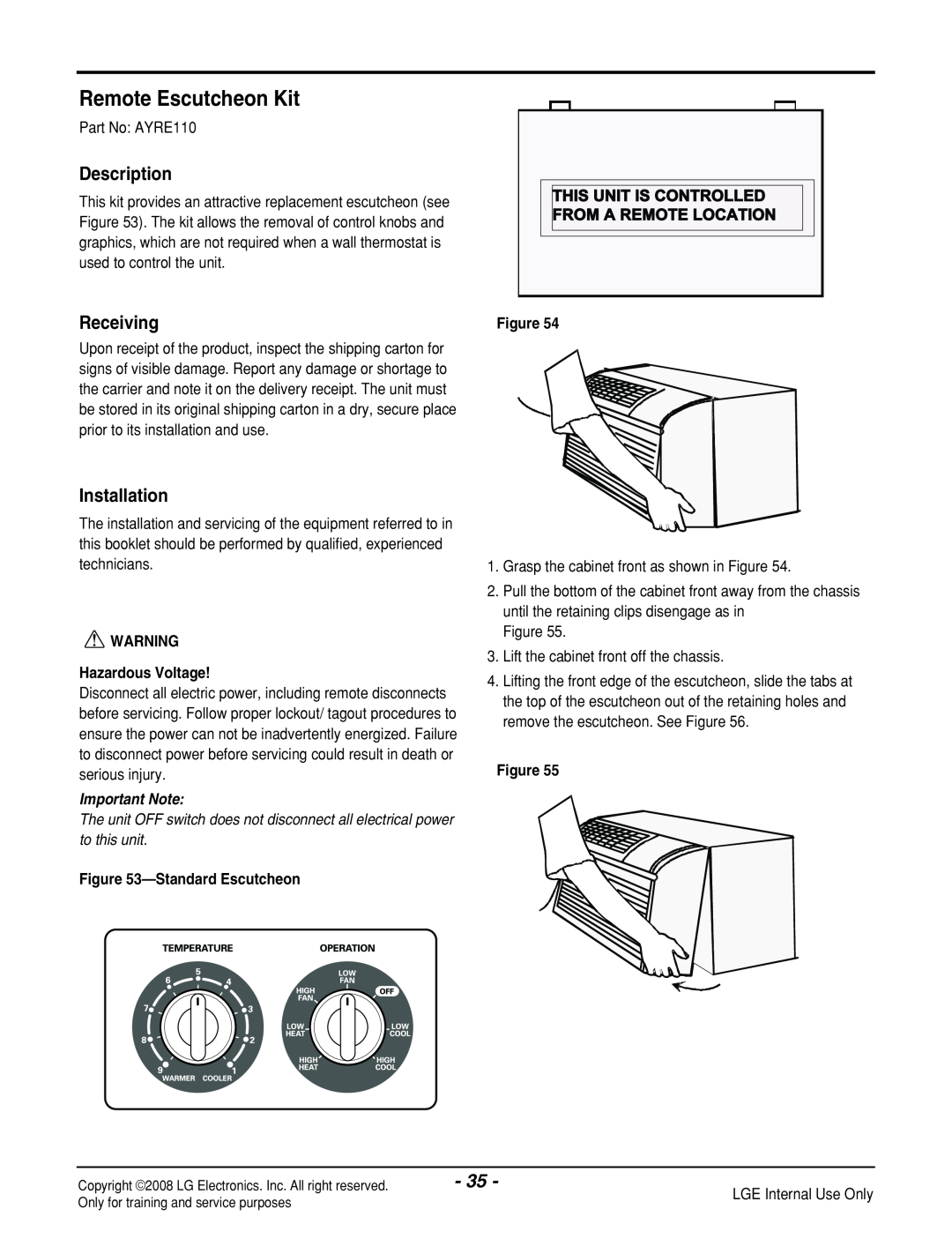 LG Electronics LP121CEM-Y8 Remote Escutcheon Kit, Description, Receiving, Installation, Hazardous Voltage, Important Note 