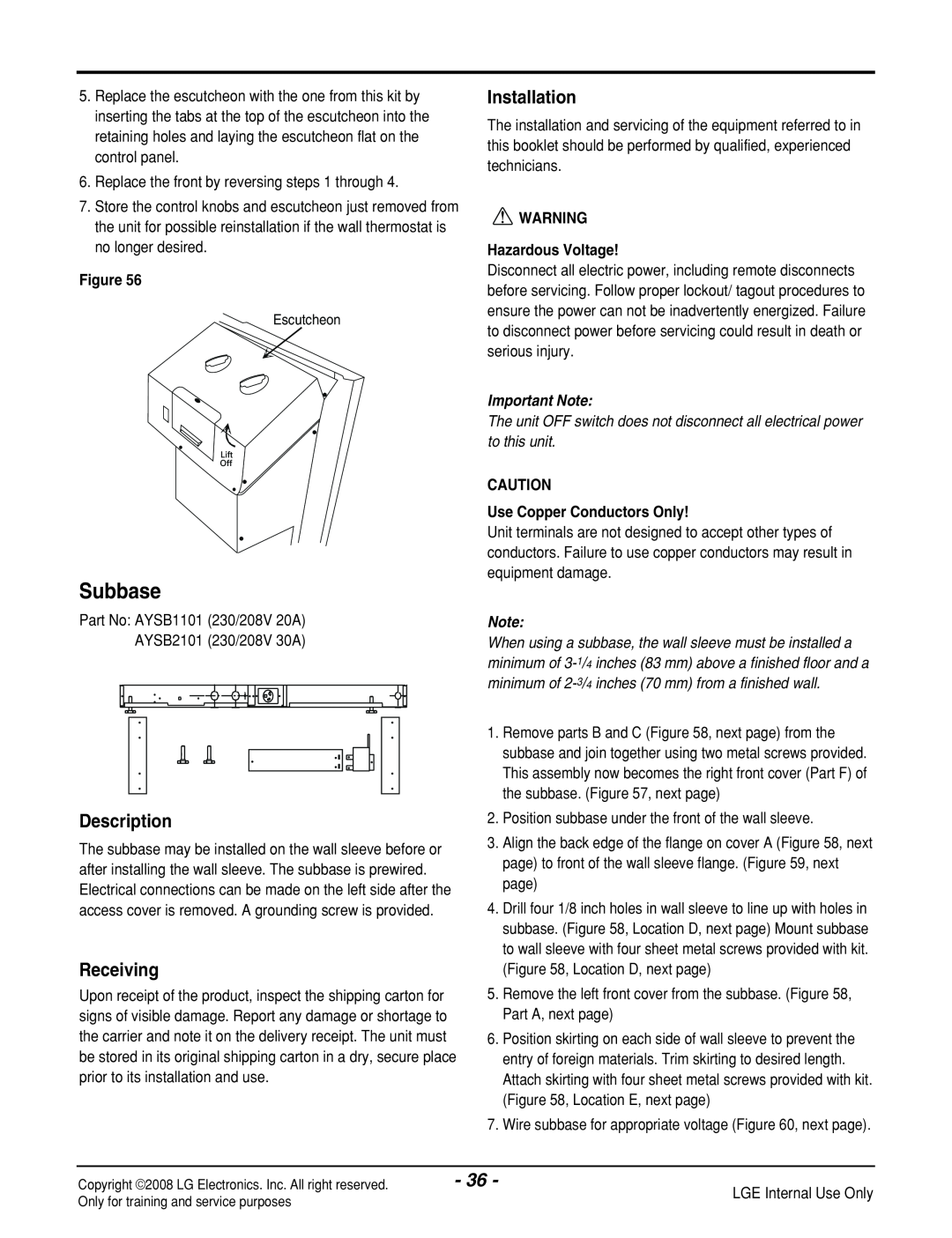 LG Electronics LP121CEM-Y8 manual Subbase, Installation, Description, Receiving, Hazardous Voltage, Important Note 