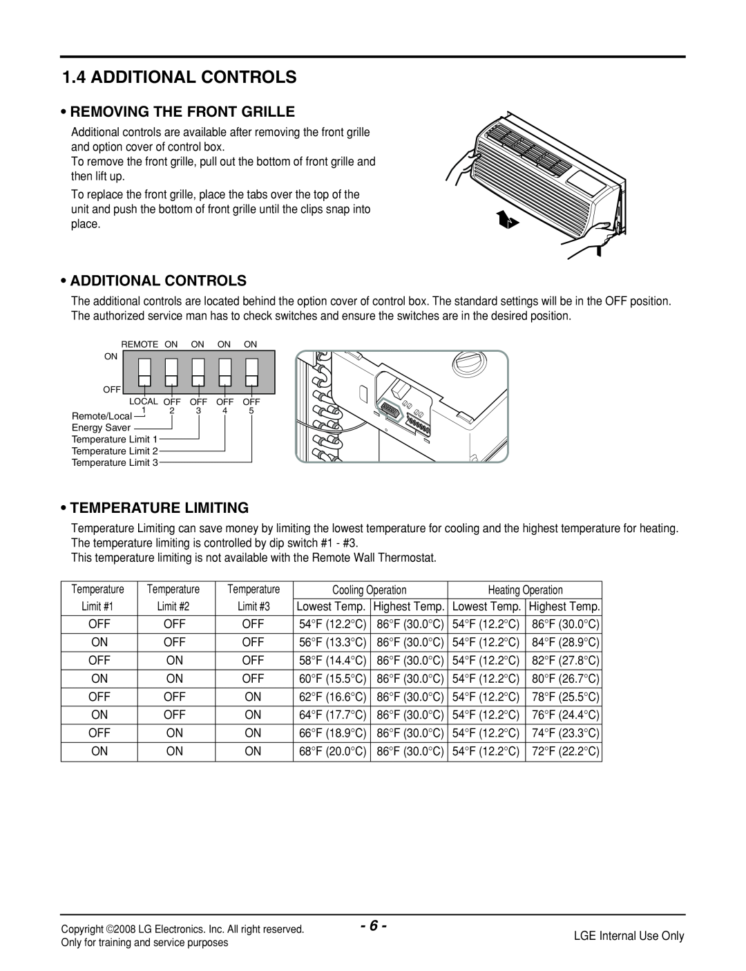 LG Electronics LP121CEM-Y8 manual Additional Controls, Removing The Front Grille, Temperature Limiting 