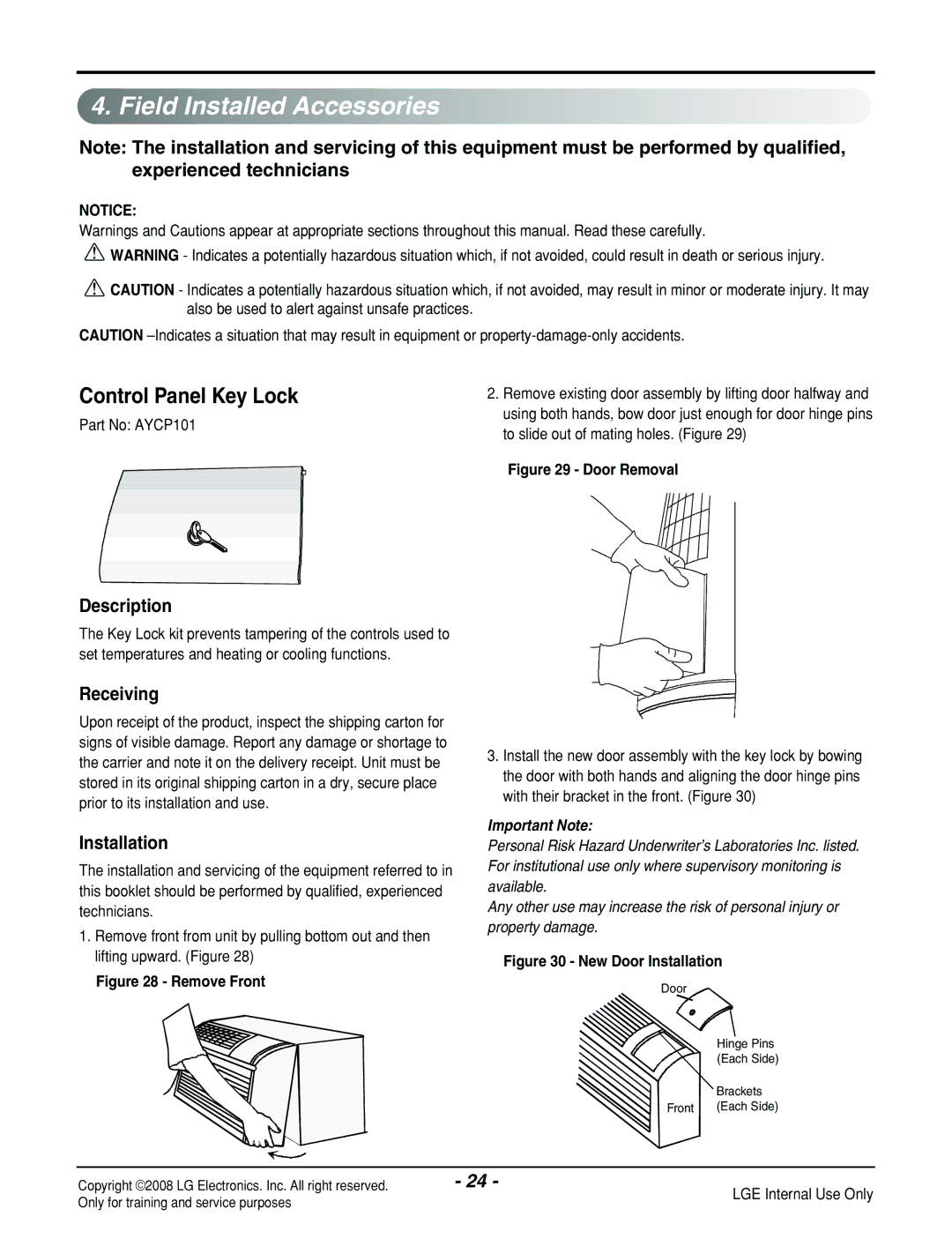 LG Electronics LP121HEM-Y8 manual Field Installed Accessories, Control Panel Key Lock, Description, Receiving, Installation 