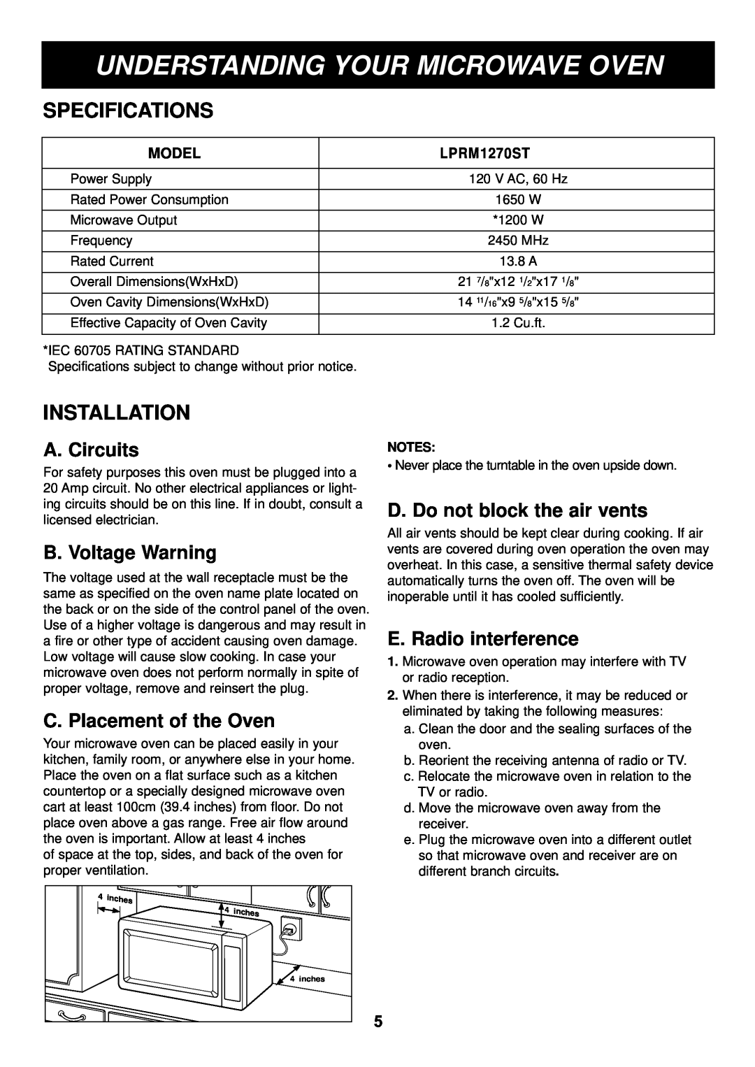 LG Electronics LPRM1270ST Understanding Your Microwave Oven, Specifications, Installation, A. Circuits, B. Voltage Warning 