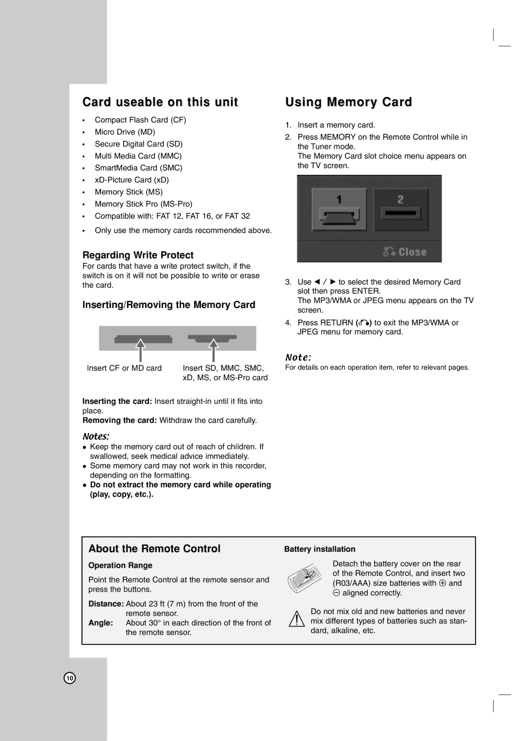 LG Electronics LRA-516 Card useable on this unit Using Memory Card, About the Remote Control, Regarding Write Protect 