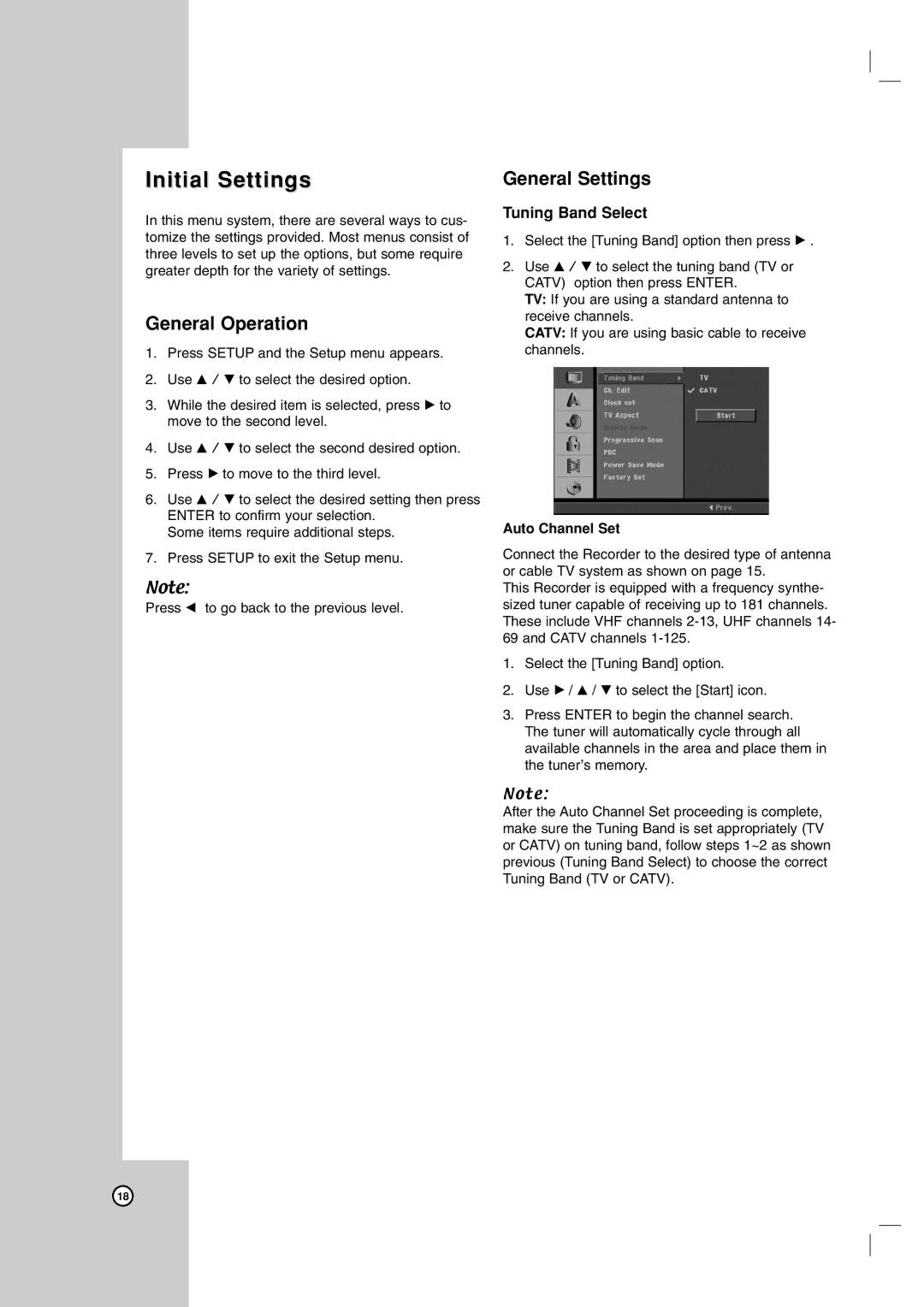 LG Electronics LRA-516 Initial Settings, General Operation, General Settings, Tuning Band Select, Auto Channel Set 