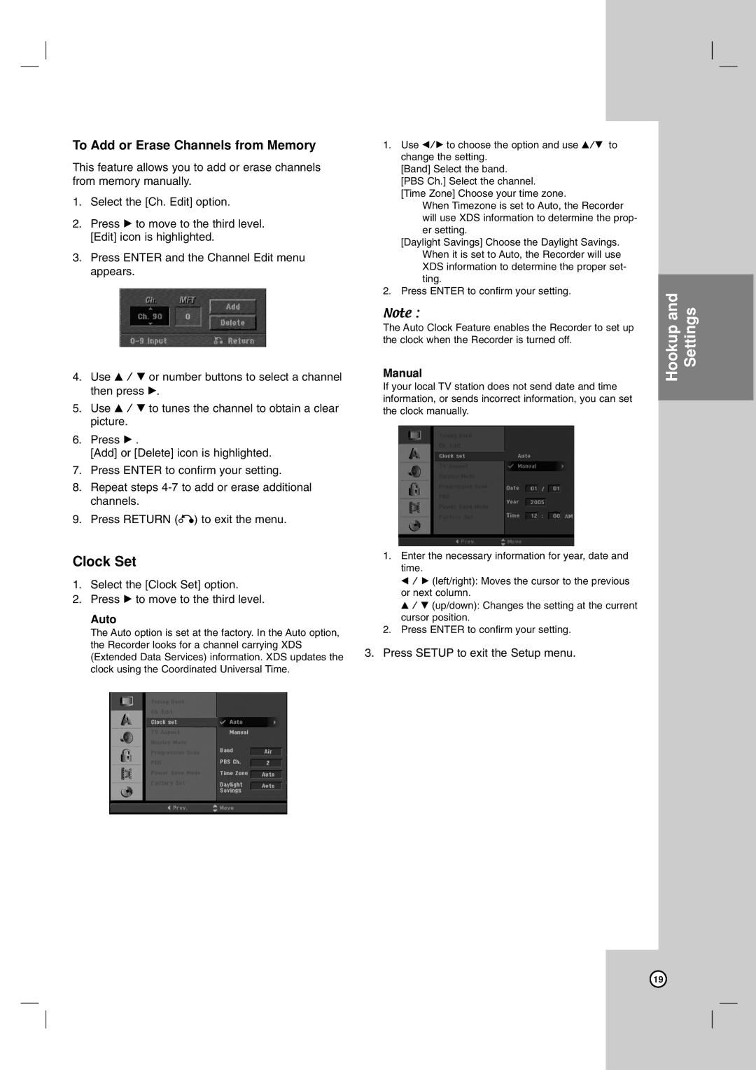 LG Electronics LRA-516 owner manual Clock Set, To Add or Erase Channels from Memory, Auto, Manual 