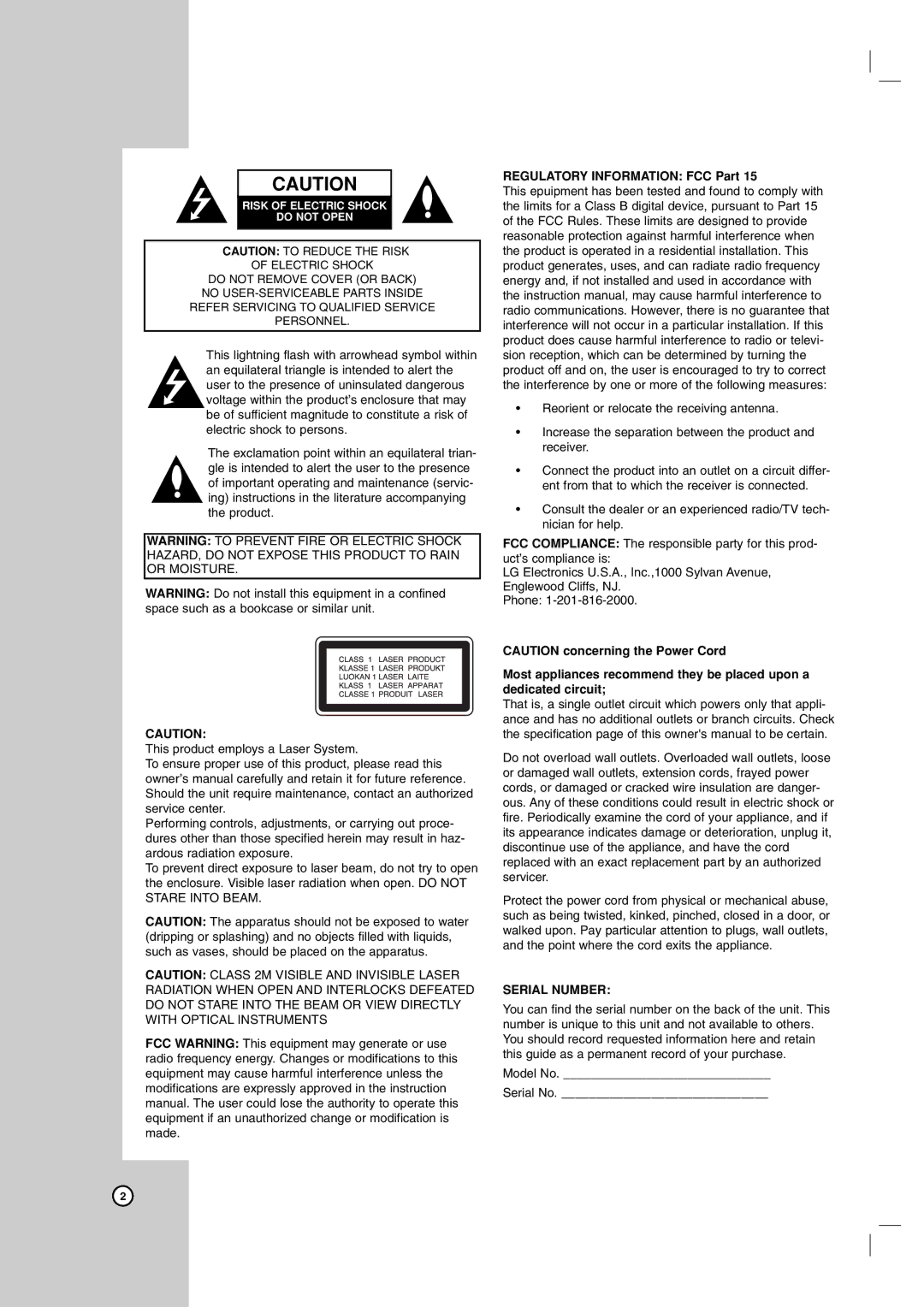 LG Electronics LRA-516 owner manual Serial Number 