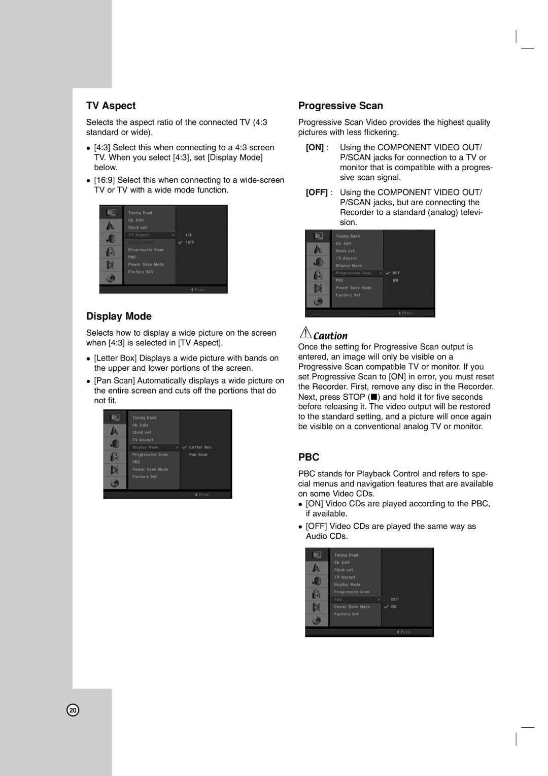 LG Electronics LRA-516 owner manual TV Aspect, Display Mode, Progressive Scan 