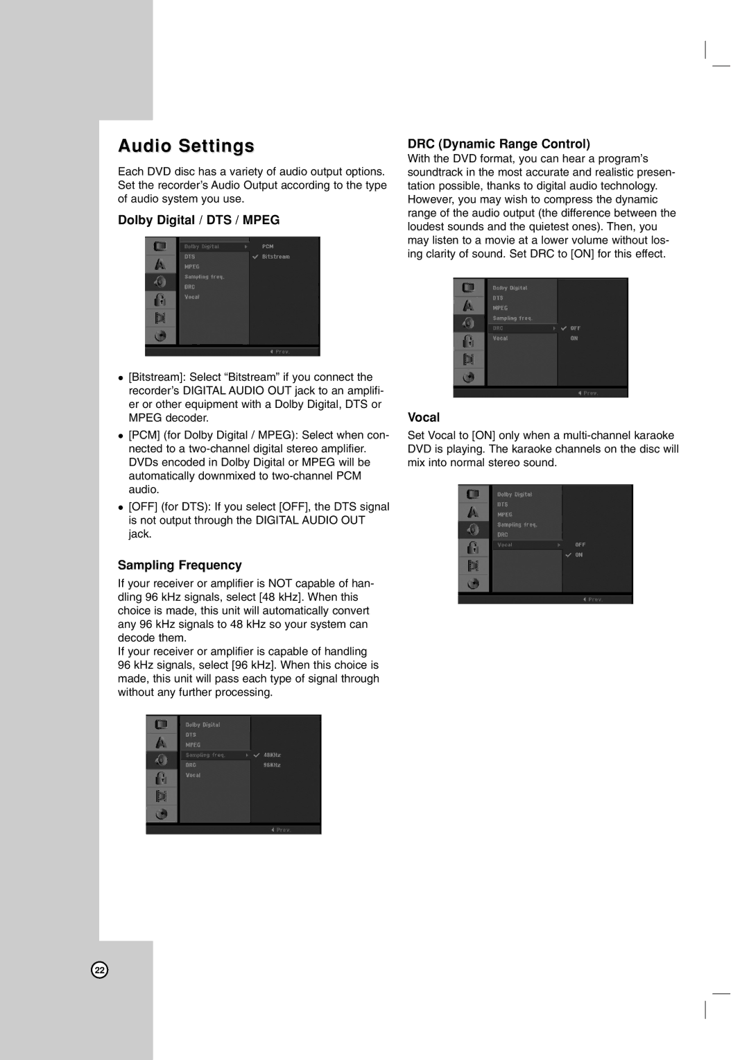 LG Electronics LRA-516 Audio Settings, Dolby Digital / DTS / Mpeg, Sampling Frequency, DRC Dynamic Range Control, Vocal 