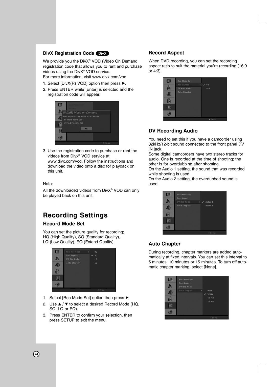 LG Electronics LRA-516 owner manual Recording Settings, Record Aspect, DV Recording Audio, Record Mode Set, Auto Chapter 