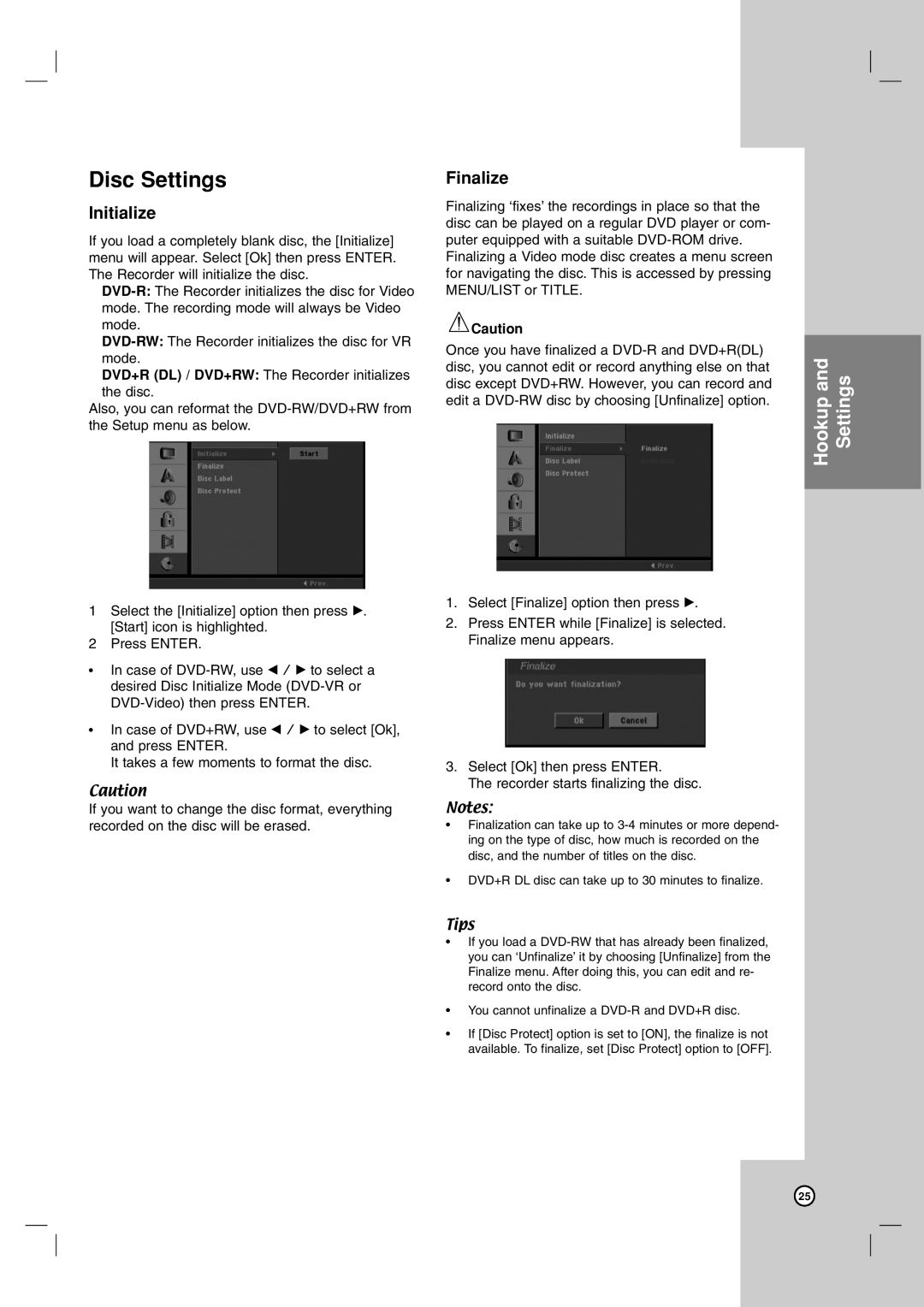 LG Electronics LRA-516 owner manual Disc Settings, Initialize, Finalize 