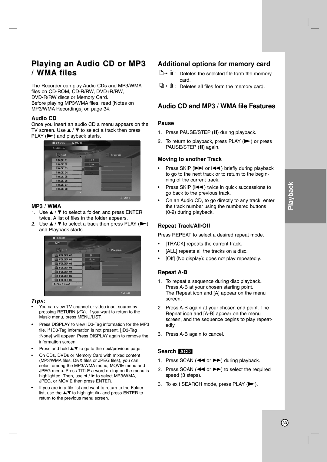 LG Electronics LRA-516 owner manual Playing an Audio CD or MP3 / WMA files, Additional options for memory card 