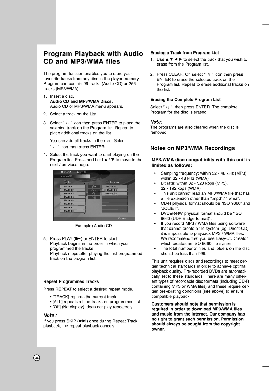 LG Electronics LRA-516 owner manual Program Playback with Audio CD and MP3/WMA files, Repeat Programmed Tracks 