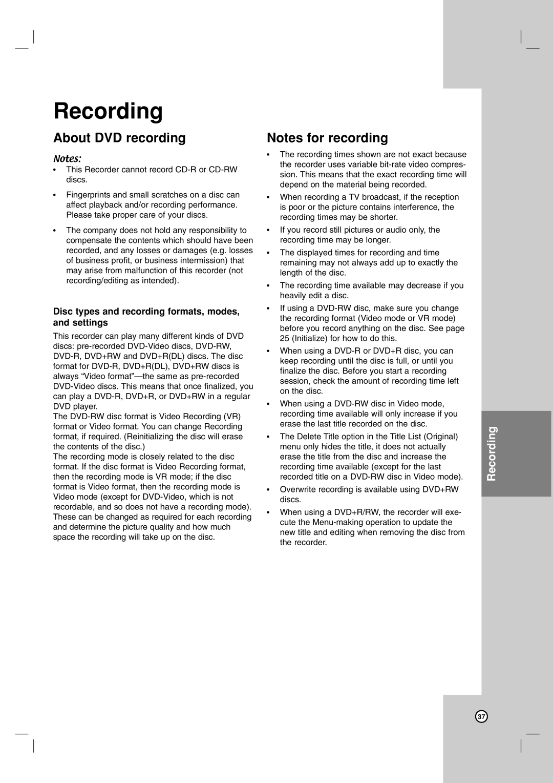 LG Electronics LRA-516 owner manual About DVD recording, Disc types and recording formats, modes, and settings 