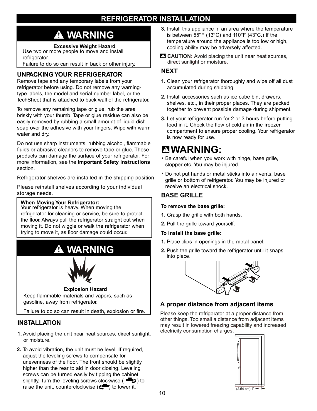 LG Electronics LDC2272, LRBC2051, LBC2252 Refrigerator Installation, Unpacking Your Refrigerator, Next, Base Grille 