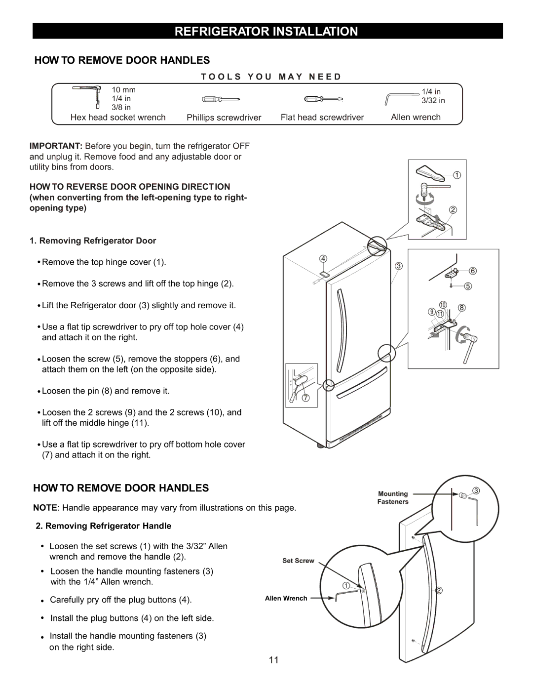 LG Electronics LBC2252, LRBC2051, LDC2272 owner manual HOW to Remove Door Handles, Removing Refrigerator Handle 