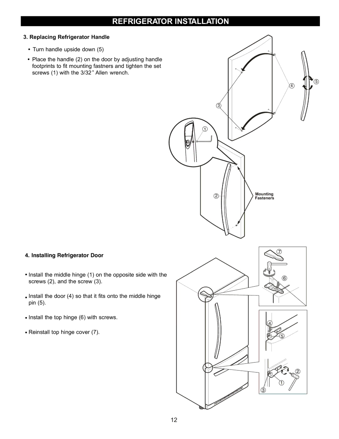 LG Electronics LRBC2051, LDC2272, LBC2252 owner manual Replacing Refrigerator Handle, Installing Refrigerator Door 