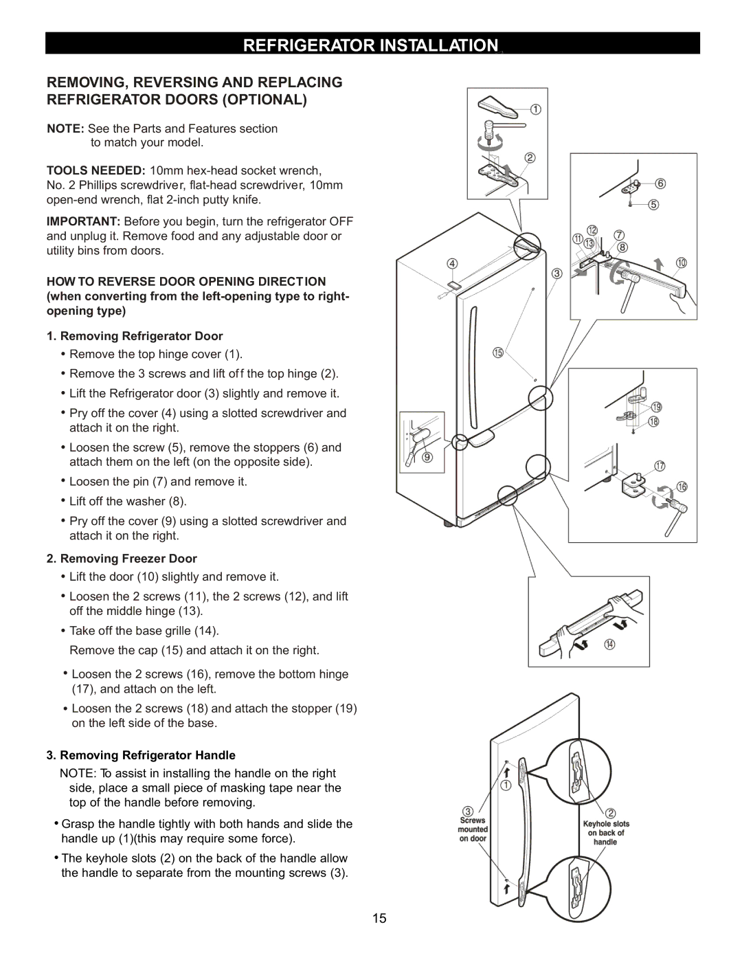 LG Electronics LRBC2051, LDC2272, LBC2252 owner manual Removing Freezer Door, Removing Refrigerator Handle 