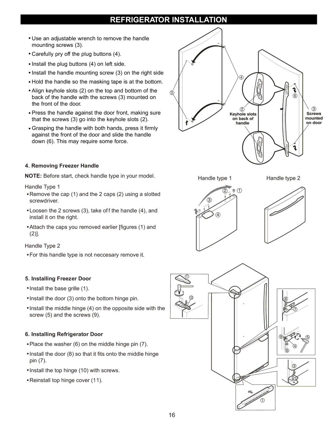 LG Electronics LDC2272, LRBC2051, LBC2252 Removing Freezer Handle, Installing Freezer Door, Installing Refrigerator Door 