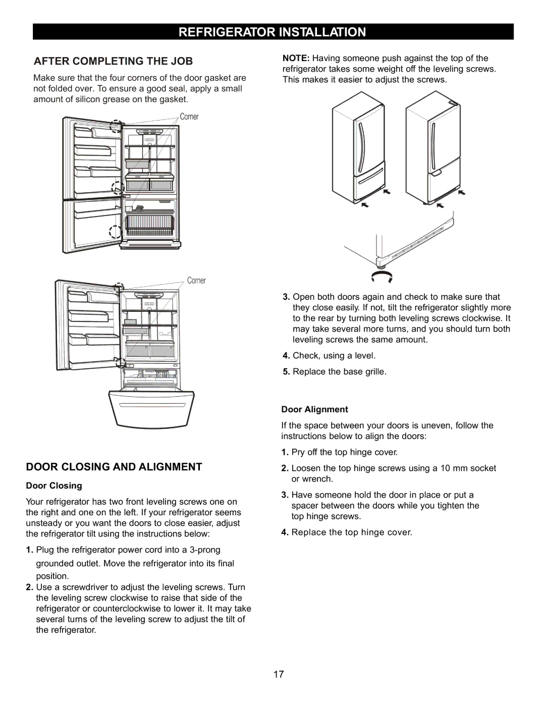 LG Electronics LBC2252, LRBC2051, LDC2272 owner manual After Completing the JOB, Door Closing and Alignment, Door Alignment 