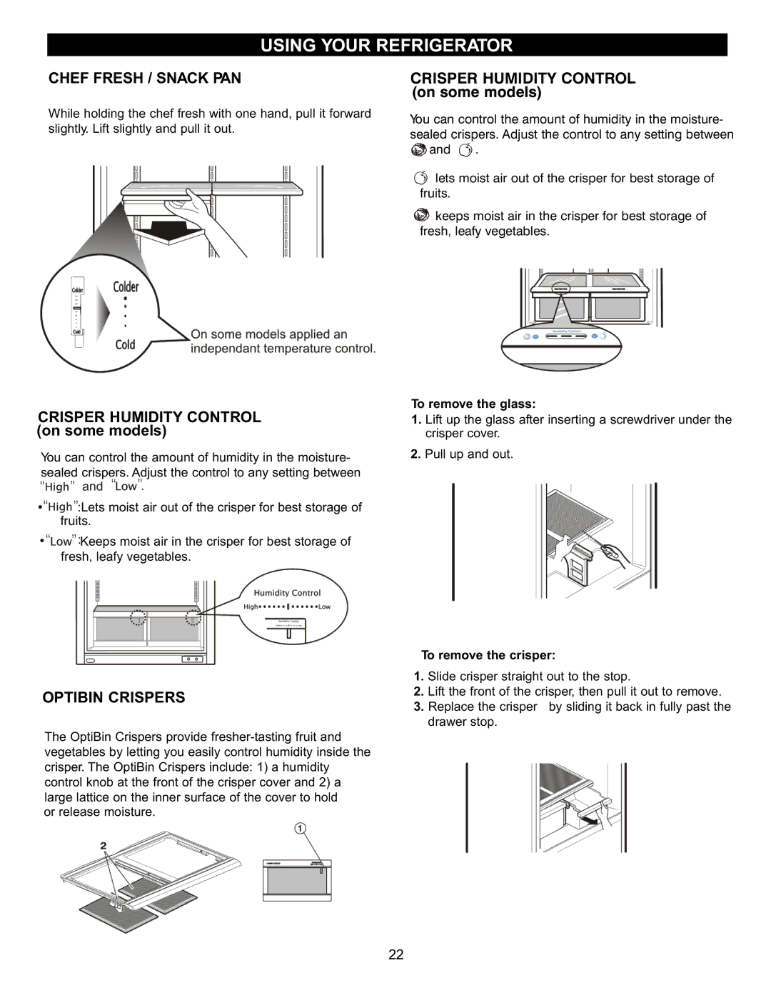 LG Electronics LDC2272, LRBC2051, LBC2252 Chef Fresh / Snack PAN, Crisper Humidity Control on some models, Optibin Crispers 