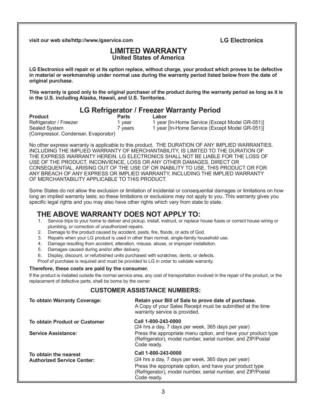 LG Electronics LRBC2051, LDC2272, LBC2252 United States of America, Customer Assistance Numbers, Product Parts Labor, Call 