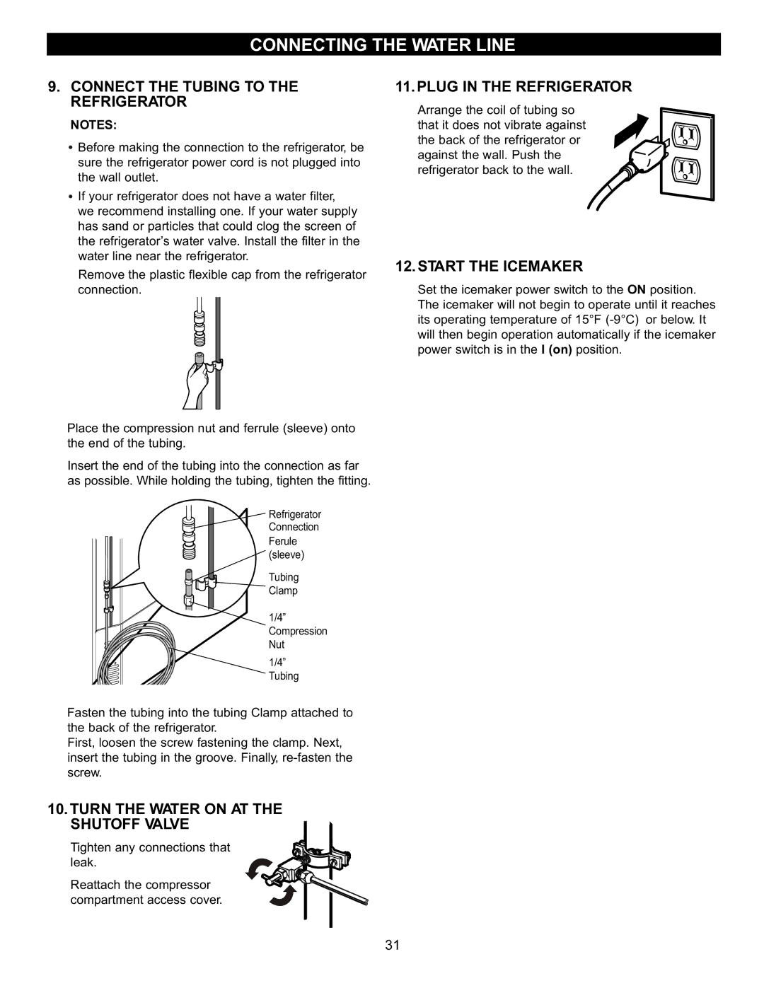 LG Electronics LDC2272 Connect the Tubing to the Refrigerator, Turn the Water on AT the Shutoff Valve, Start the Icemaker 