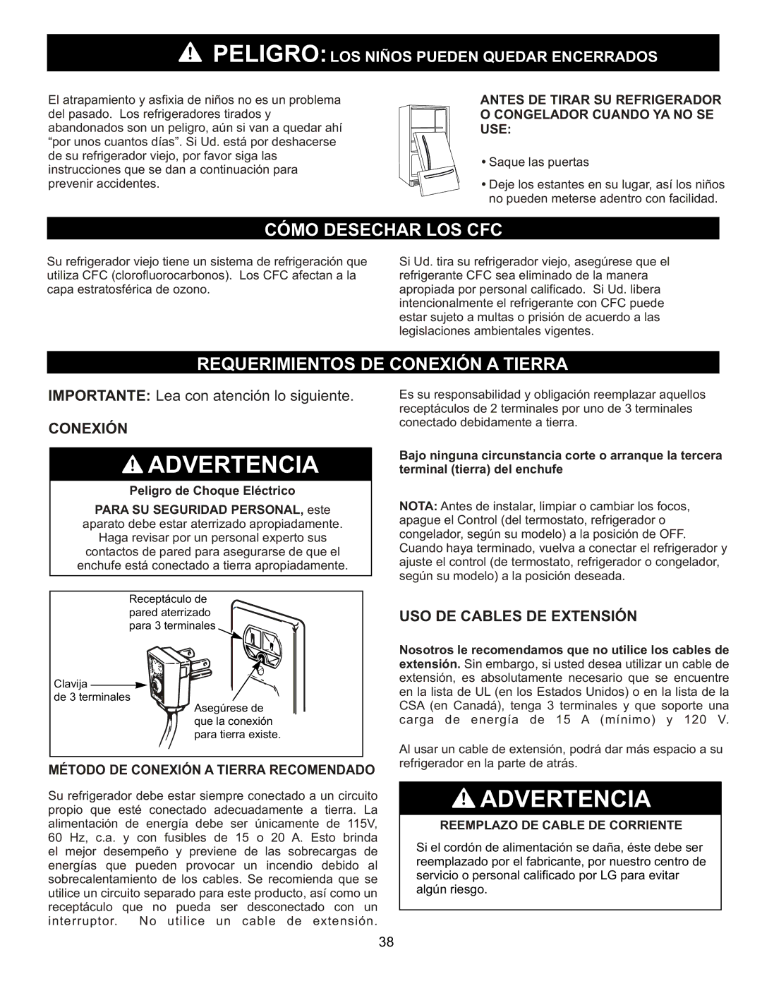 LG Electronics LBC2252, LRBC2051 Cómo Desechar LOS CFC, Requerimientos DE Conexión a Tierra, USO DE Cables DE Extensión 