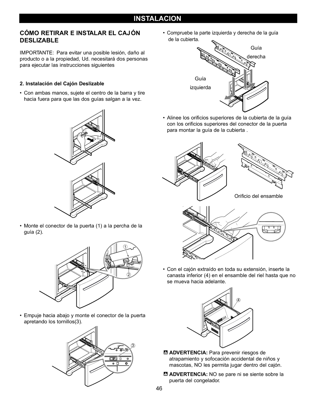 LG Electronics LDC2272, LRBC2051, LBC2252 owner manual Instalación del Cajón Deslizable 