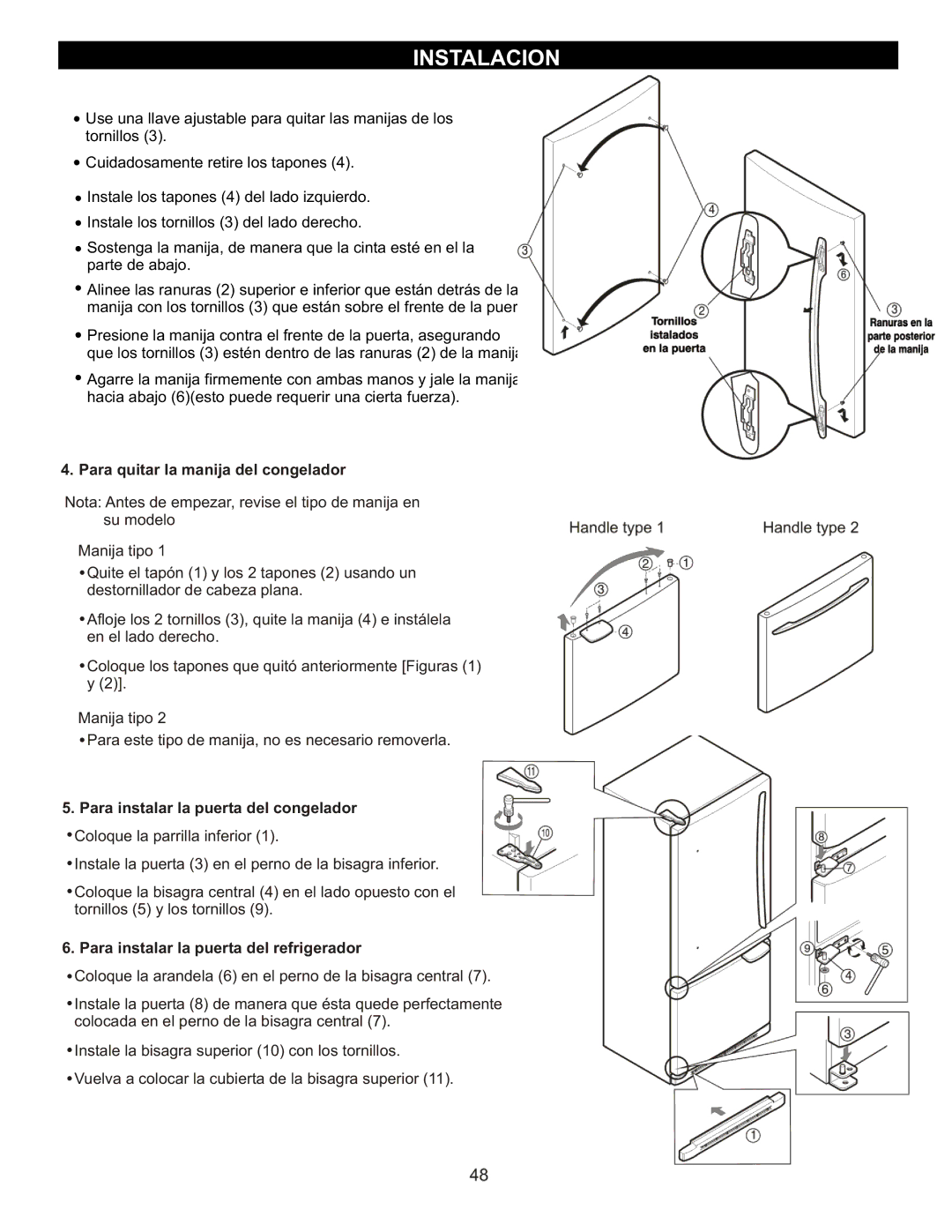 LG Electronics LRBC2051, LDC2272, LBC2252 Para quitar la manija del congelador, Para instalar la puerta del congelador 