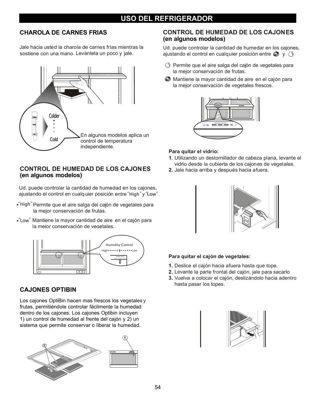 LG Electronics LRBC2051 Charola DE Carnes Frias, Control DE Humedad DE LOS Cajones, En algunos modelos, Cajones Optibin 