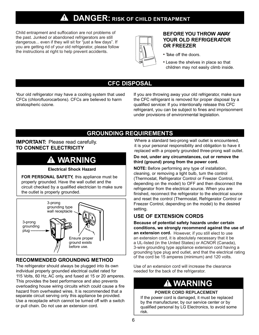 LG Electronics LRBC2051 CFC Disposal, Grounding Requirements, To Connect Electricity, Recommended Grounding Method 