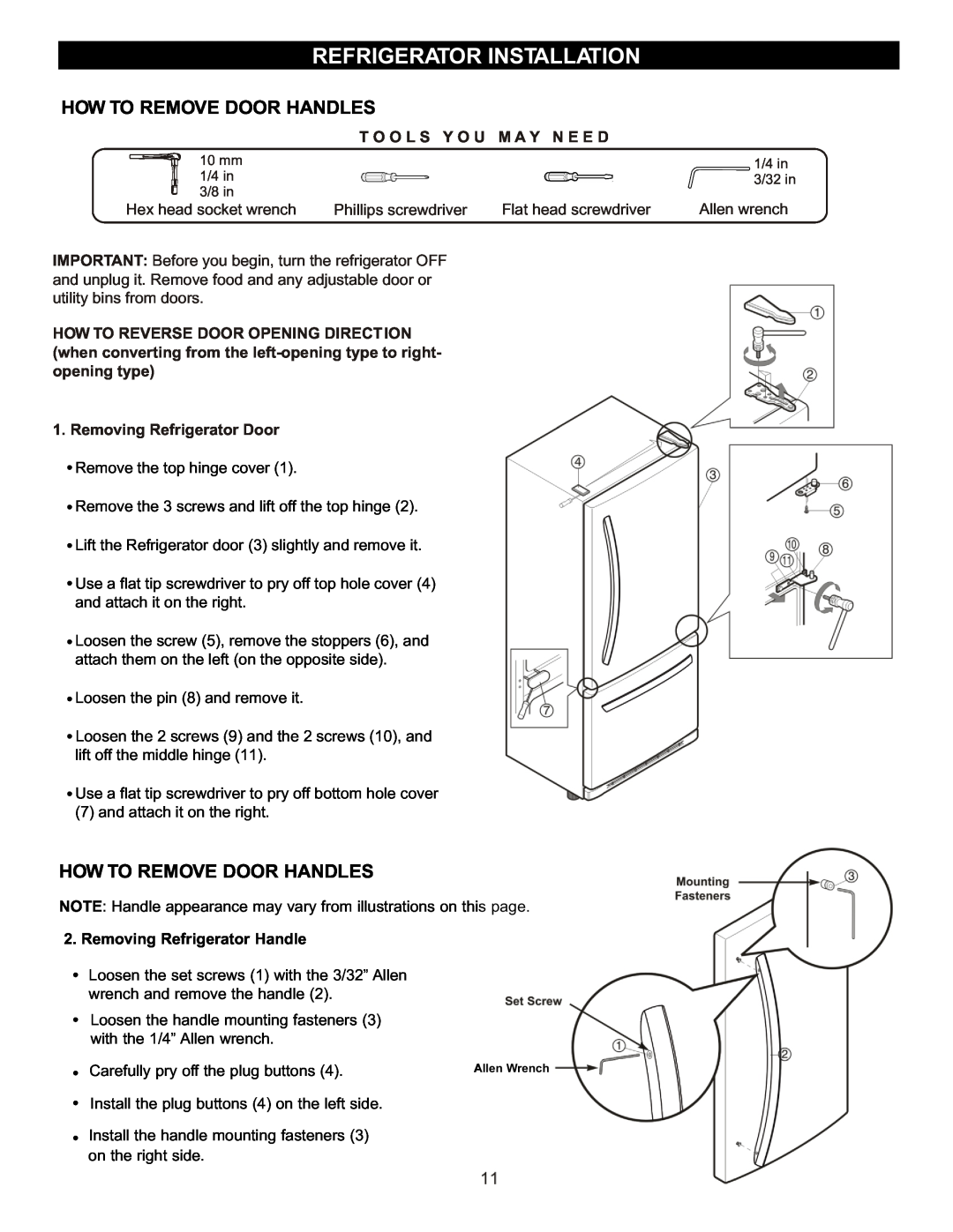 LG Electronics LBC2252, LRBC2051 How To Remove Door Handles, Refrigerator Installation, T O O L S Y O U M A Y N E E D 