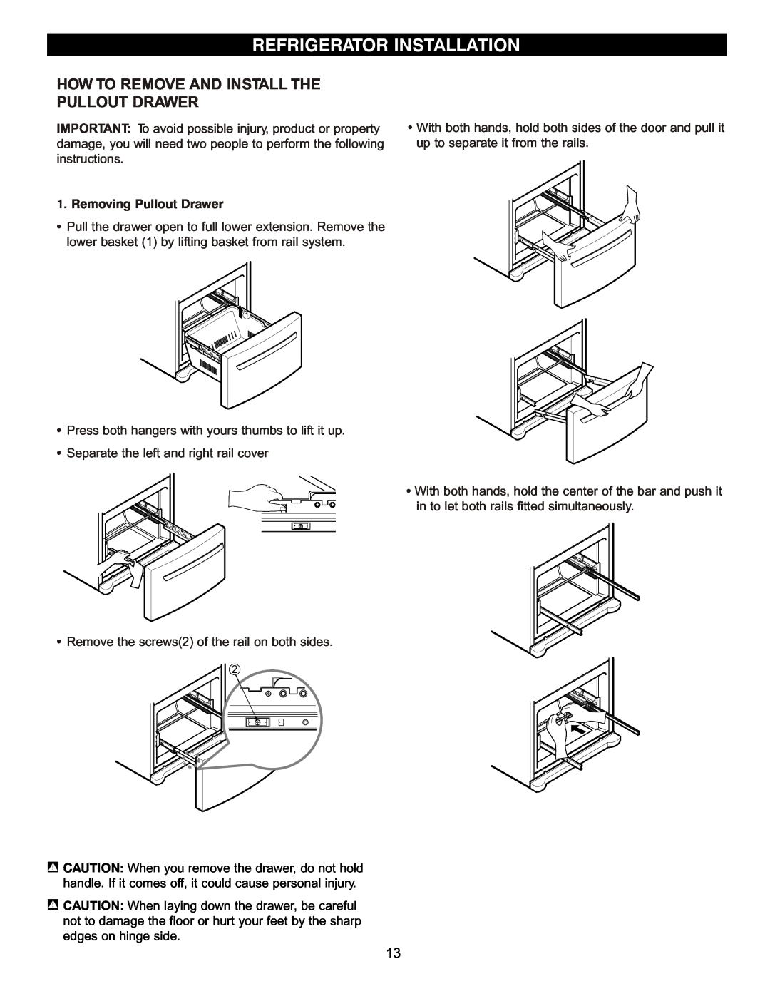LG Electronics LDC2272 How To Remove And Install The Pullout Drawer, Refrigerator Installation, Removing Pullout Drawer 