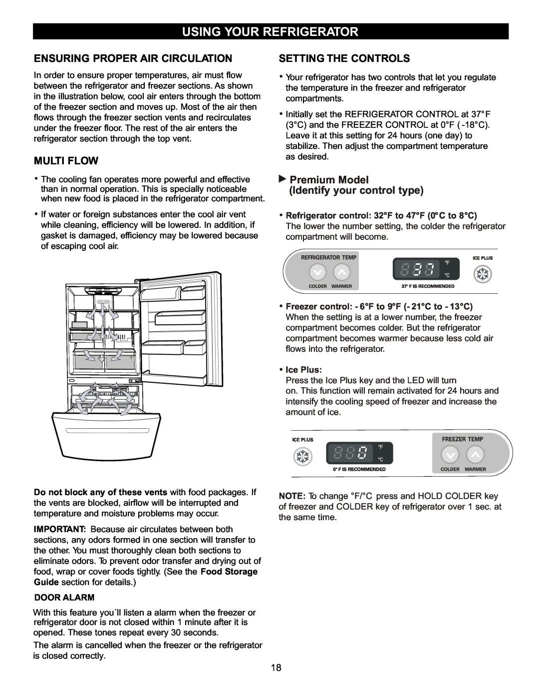 LG Electronics LRBC2051 Using Your Refrigerator, Ensuring Proper Air Circulation, Multi Flow, Setting The Controls 