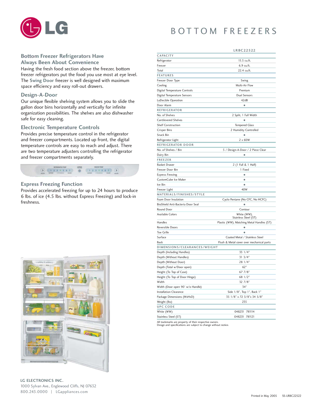 LG Electronics LRBC22522 manual Design-A-Door, Electronic Temperature Controls, Express Freezing Function 