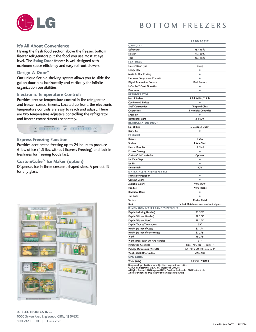 LG Electronics LRBN20512 manual It’s All About Convenience, Design-A-Door, Electronic Temperature Controls 