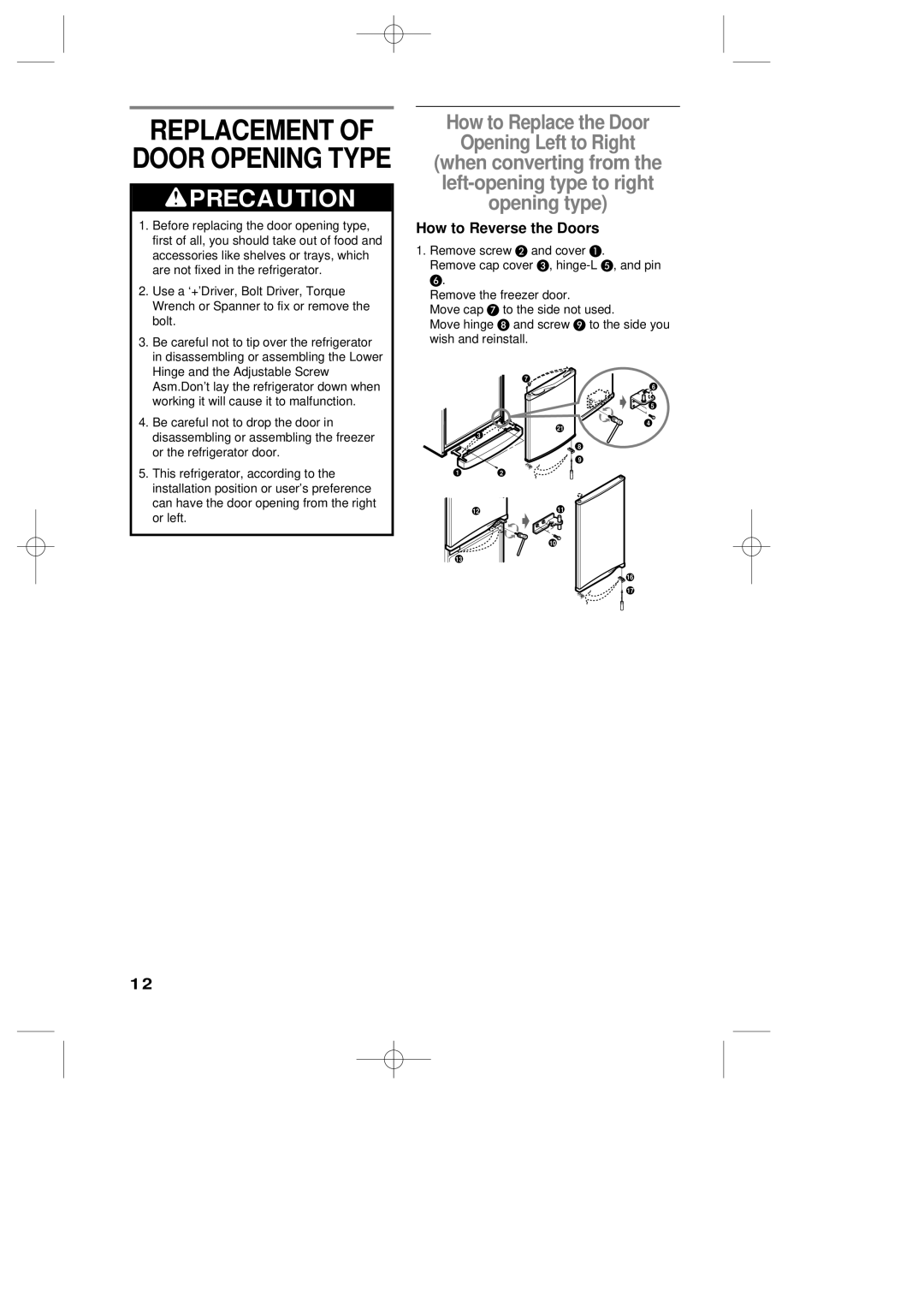 LG Electronics LRBP1031T manual Wprecaution, How to Reverse the Doors 