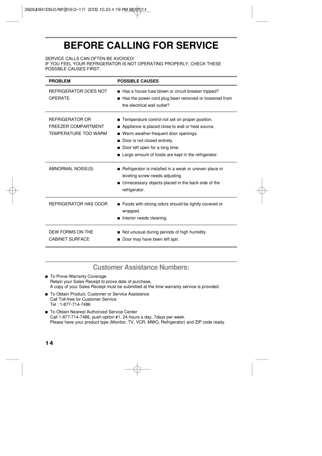 LG Electronics LRBP1031T manual Before Calling for Service, Customer Assistance Numbers, Problem Possible Causes 