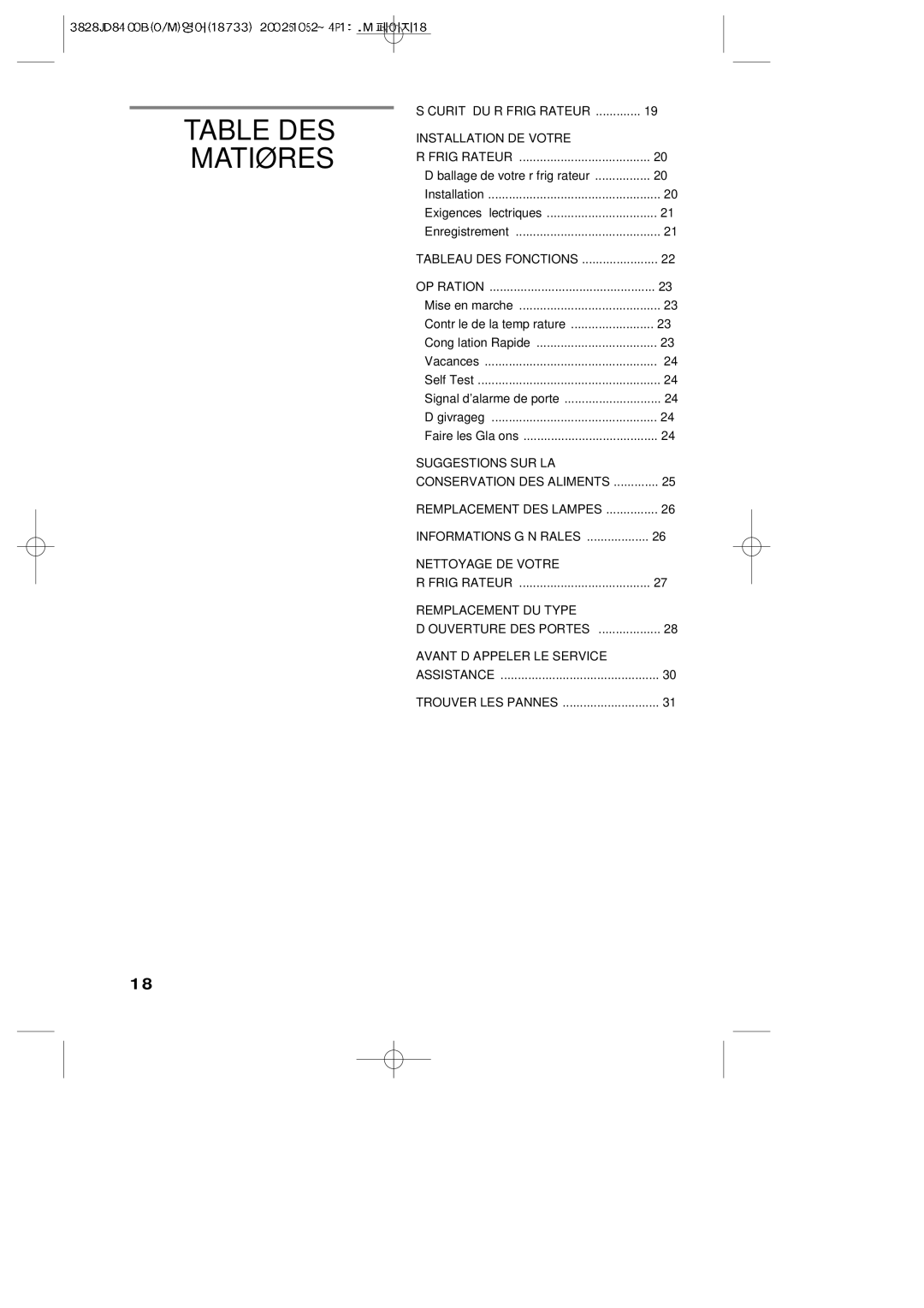 LG Electronics LRBP1031T manual Table DES Matières, Sécurité DU Réfrigérateur Installation DE Votre, Suggestions SUR LA 