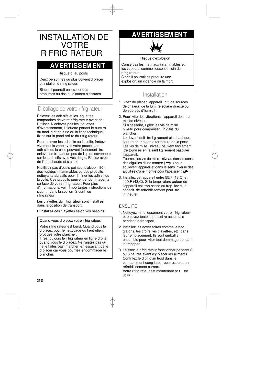 LG Electronics LRBP1031T manual Installation DE Votre Réfrigérateur, Avertissement, Quand vous déplacez votre réfrigérateur 