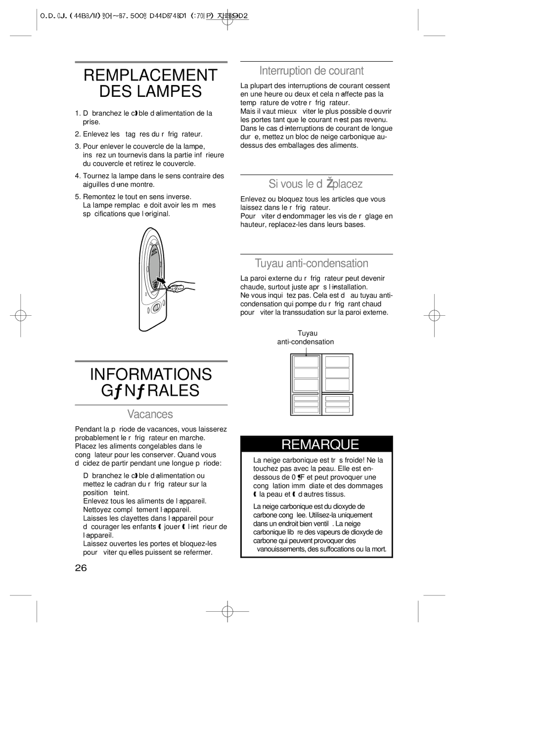 LG Electronics LRBP1031T manual Remplacement DES Lampes, Informations GÉ NÉ Rales, Remarque 