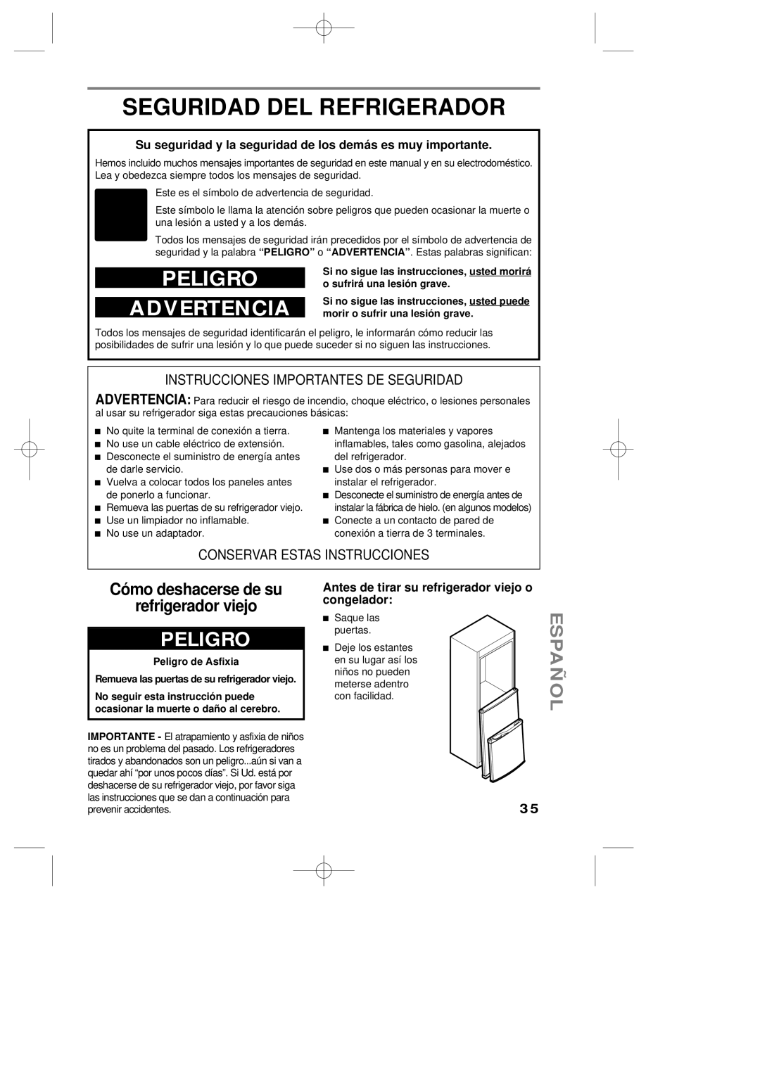 LG Electronics LRBP1031T Seguridad DEL Refrigerador, Peligro, Su seguridad y la seguridad de los demás es muy importante 