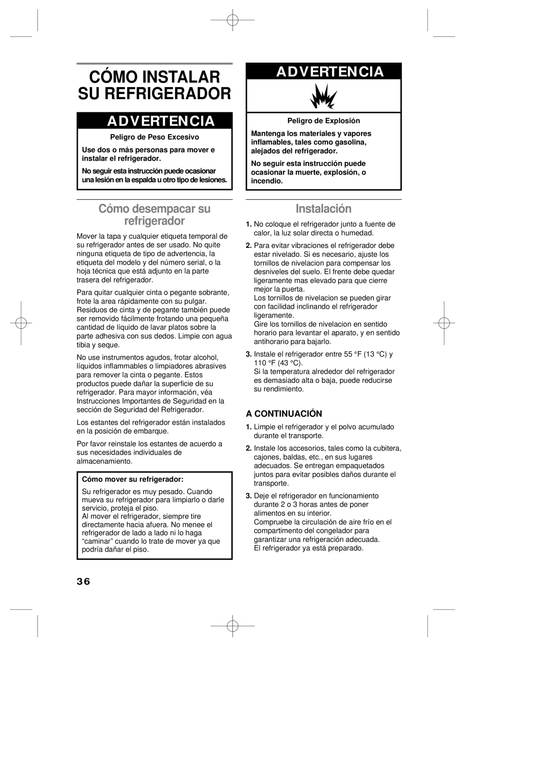 LG Electronics LRBP1031T manual Advertencia, Cómo desempacar su refrigerador, Instalación, Peligro de Explosión 