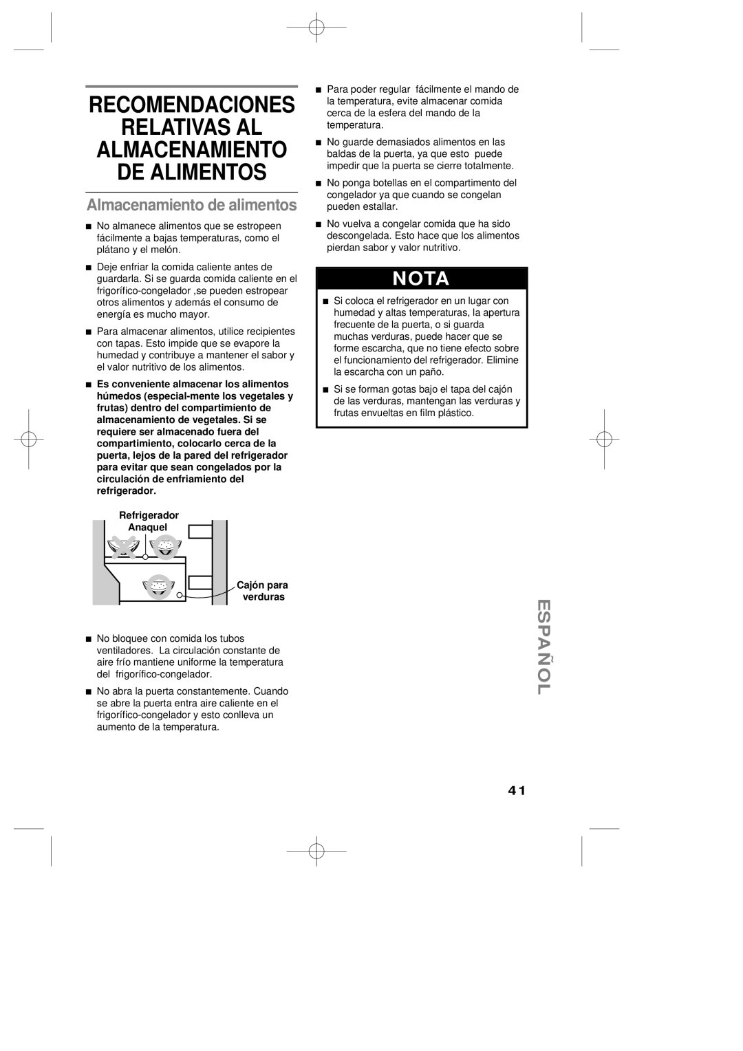 LG Electronics LRBP1031T manual Relativas AL Almacenamiento DE Alimentos, Almacenamiento de alimentos 