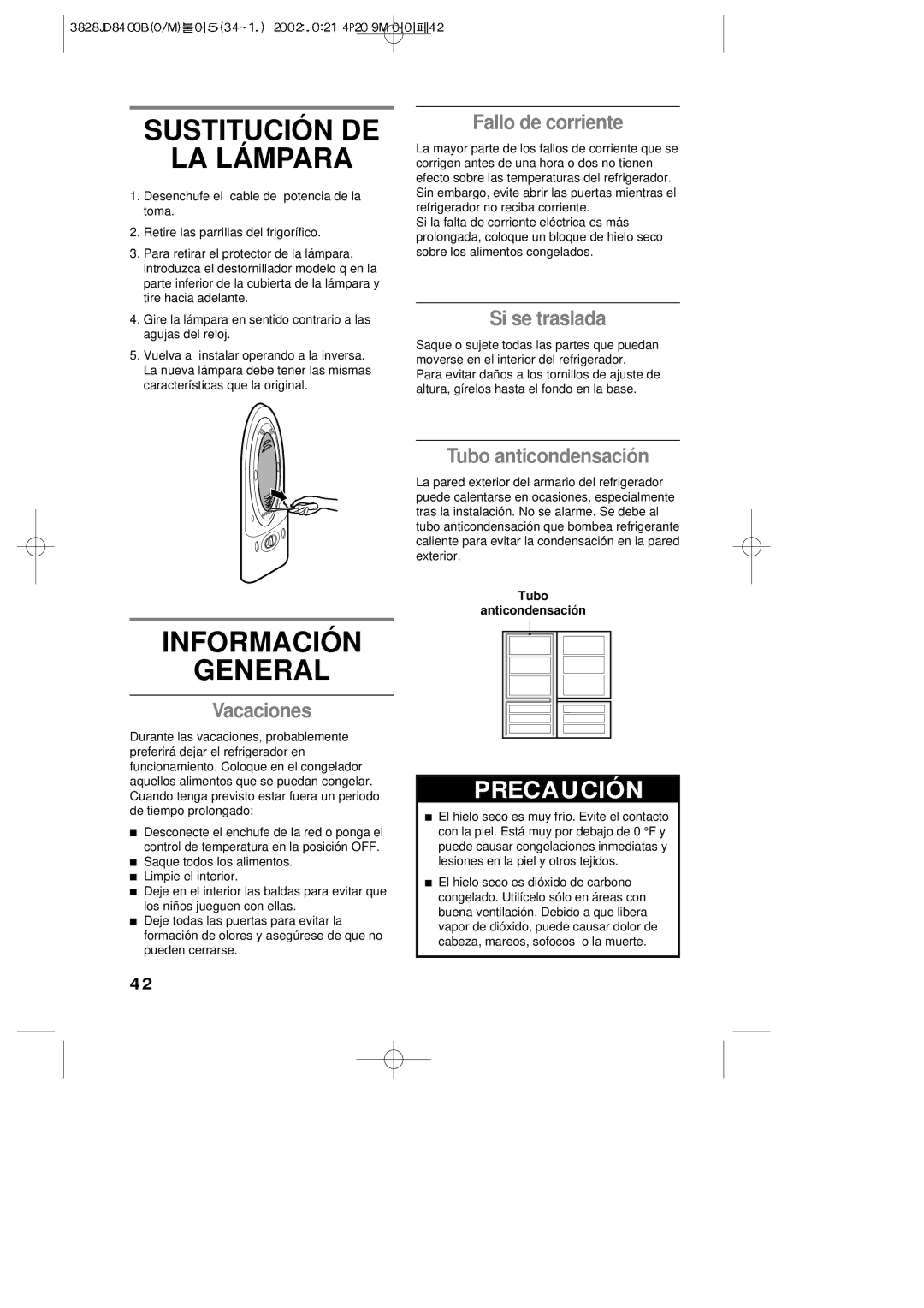 LG Electronics LRBP1031T manual Sustitució N DE LA LÁ Mpara, Informació N General, Precaución 