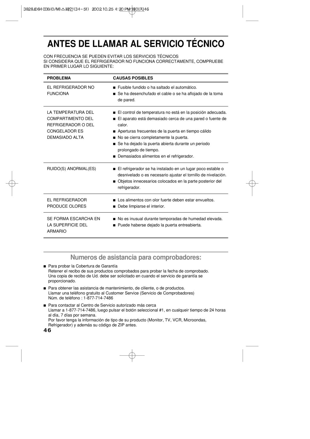 LG Electronics LRBP1031T manual Antes DE Llamar AL Servicio TÉ Cnico, Numeros de asistancia para comprobadores 