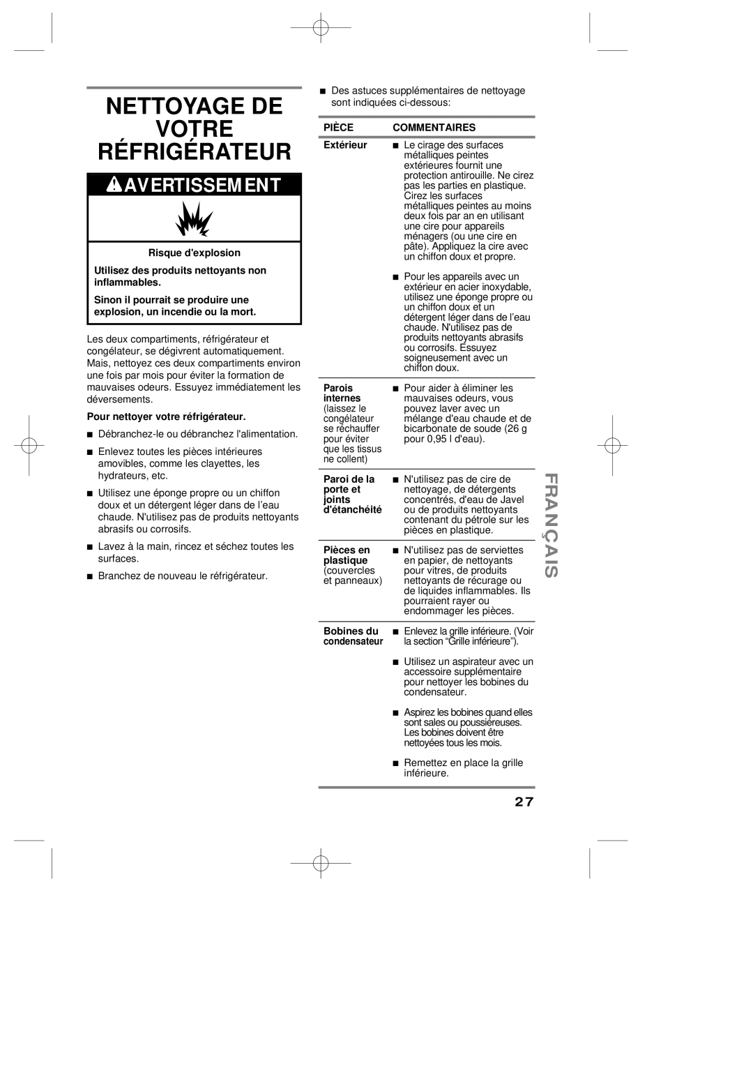 LG Electronics LRBP1031NI, LRBP1031W manual Nettoyage DE Votre RÉ Frigé Rateur, PIÈ CE Commentaires 