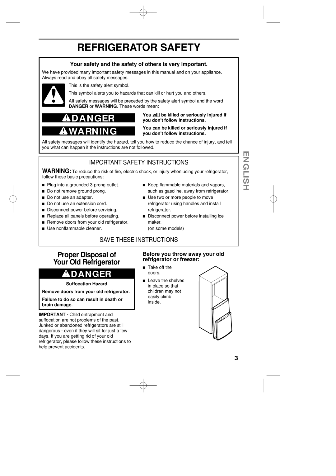 LG Electronics LRBP1031NI, LRBP1031W Refrigerator Safety, Wdanger, Your safety and the safety of others is very important 