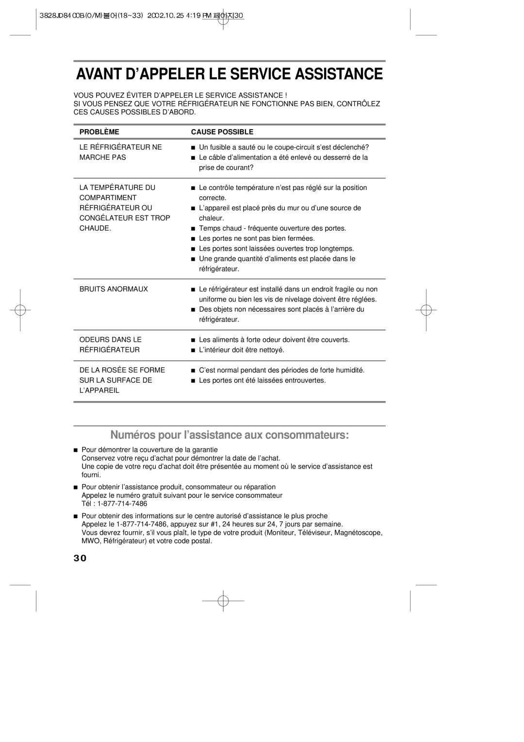 LG Electronics LRBP1031W, LRBP1031NI Avant D’APPELER LE Service Assistance, Numéros pour l’assistance aux consommateurs 